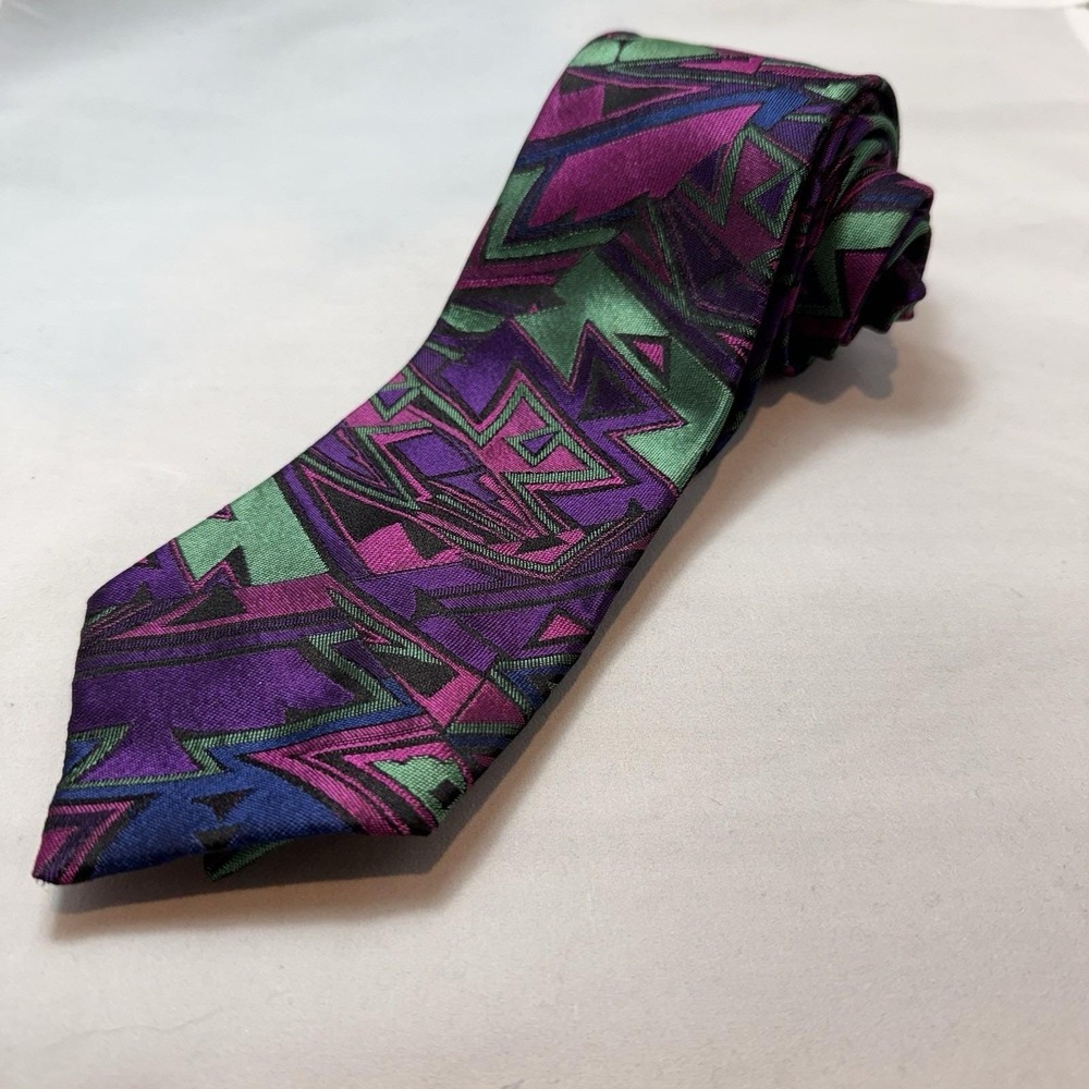 Vintage Gianni Versace Silk Tie‎ 90s Geometric Abstract Purple Green Pink Italy